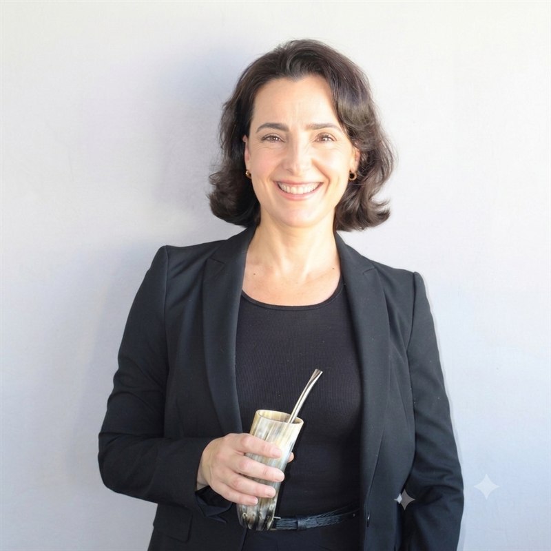 Camila Prota Sá, professora de Contabilidade, sorrindo com seu copo de tereré na mão